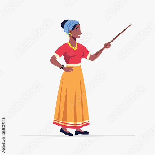 Woman in traditional attire pointing with a stick