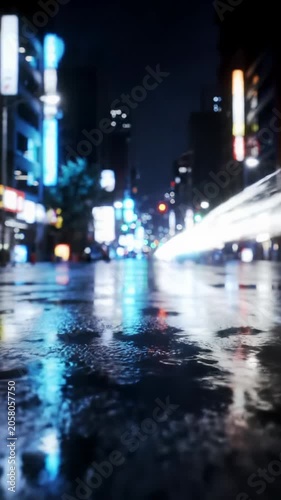 Intense, pulsating blue emergency lights reflect on a rain-slicked urban street at deep night, creating elongated trails with blurred city bokeh. Neo-noir urban dynamism concept