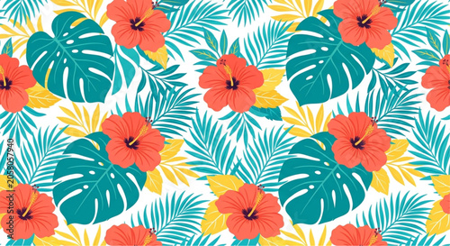 Tropical floral pattern, colorful leaf design, monstera leaves, hibiscus flowers, summer background