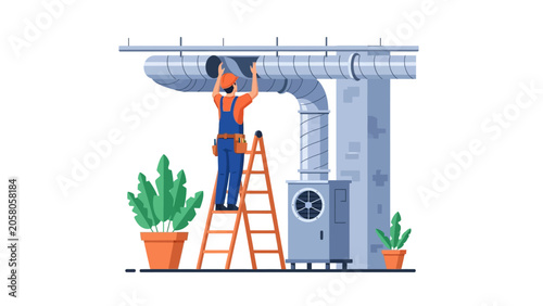 HVAC Technician Repairing Air Ventilation System Ductwork on Ladder Illustration