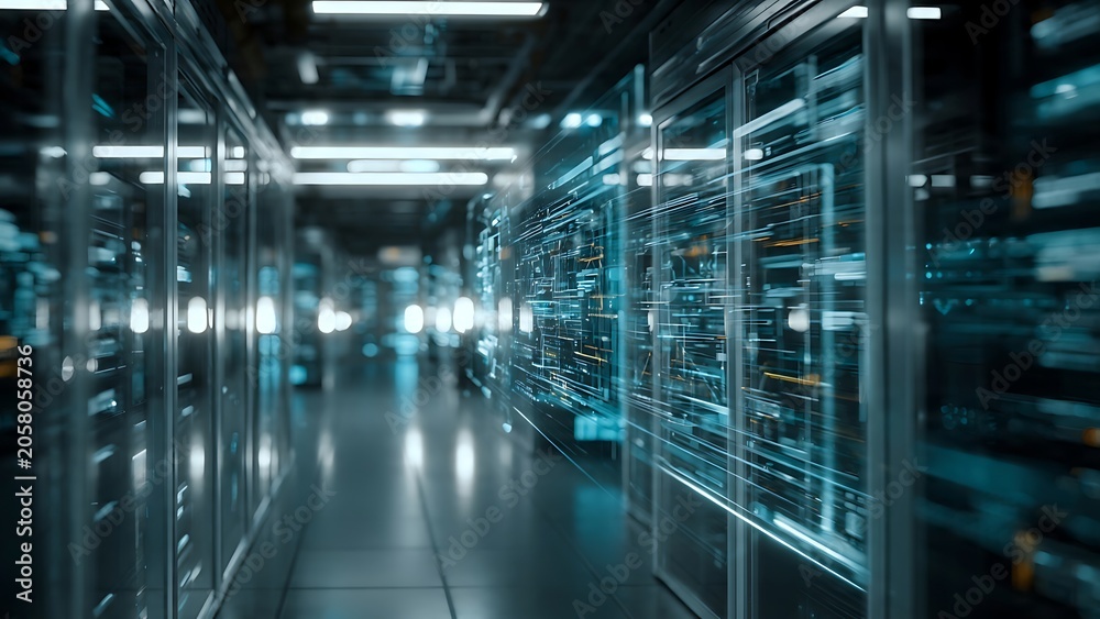 Obraz premium Abstract digital network data flow visualization in dark server room.