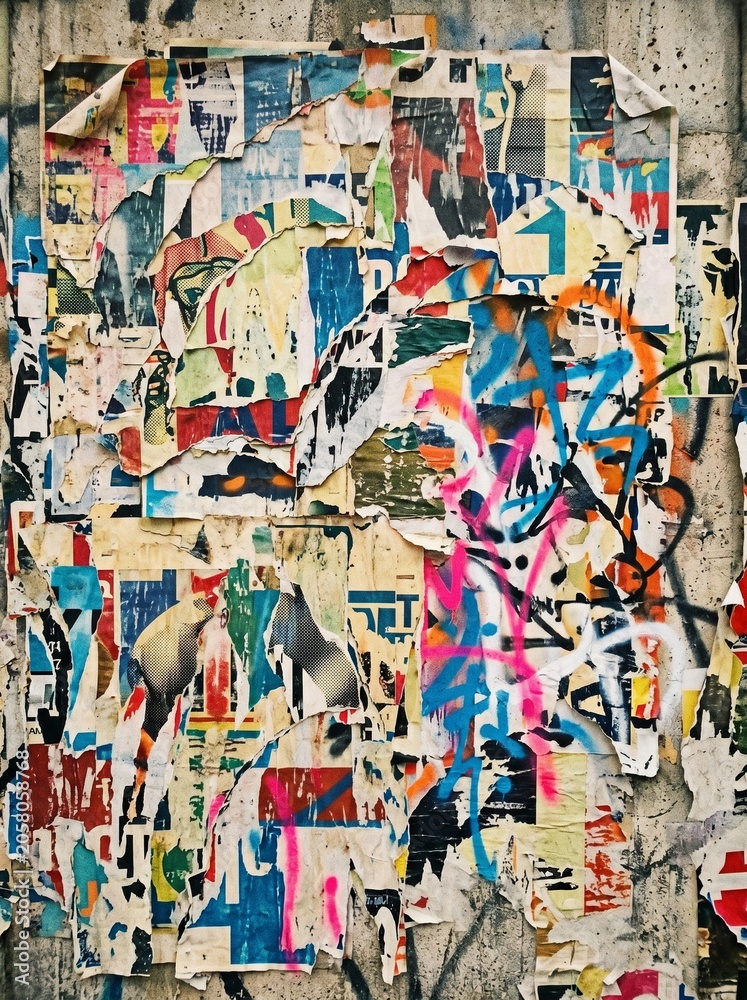 Fototapeta premium Colorful layered urban graffiti collage with bold typography and street art texture
