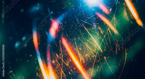 Abstract streaks of light and colorful sparks against a dark blue background
