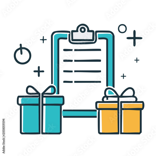 Clipboard with gift boxes flat illustration