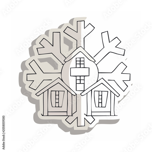 Line art snowflake with houses in geometric pattern