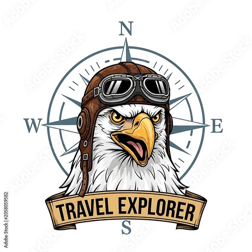 Vintage compass with lion mascot for travel theme.