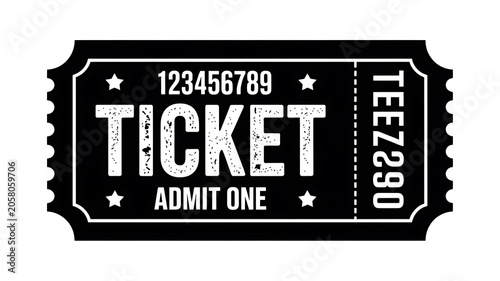Admit one ticket, black and white ticket stub, event pass, entry ticket