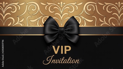 Luxury VIP invitation card, gold and black, elegant bow, formal event, exclusive access