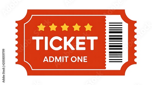 Red ticket, admit one, event ticket, barcode, golden stars