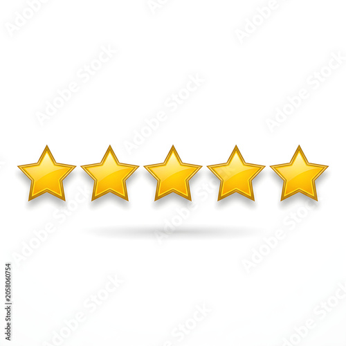 Five Golden Stars Rating Vector Illustration with Shadow on White Background
