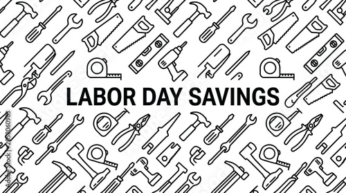 Labor Day savings background featuring a pattern of various hand tools and construction equipment icons.