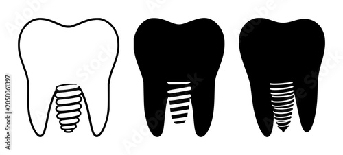 Solid black icon, white background: dental implant tooth icon set with simple line art design featuring line art, illustrations, graphic resources with vector and design elements