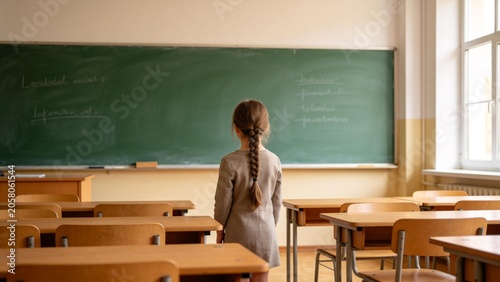 Young girl in classroom facing chalkboard