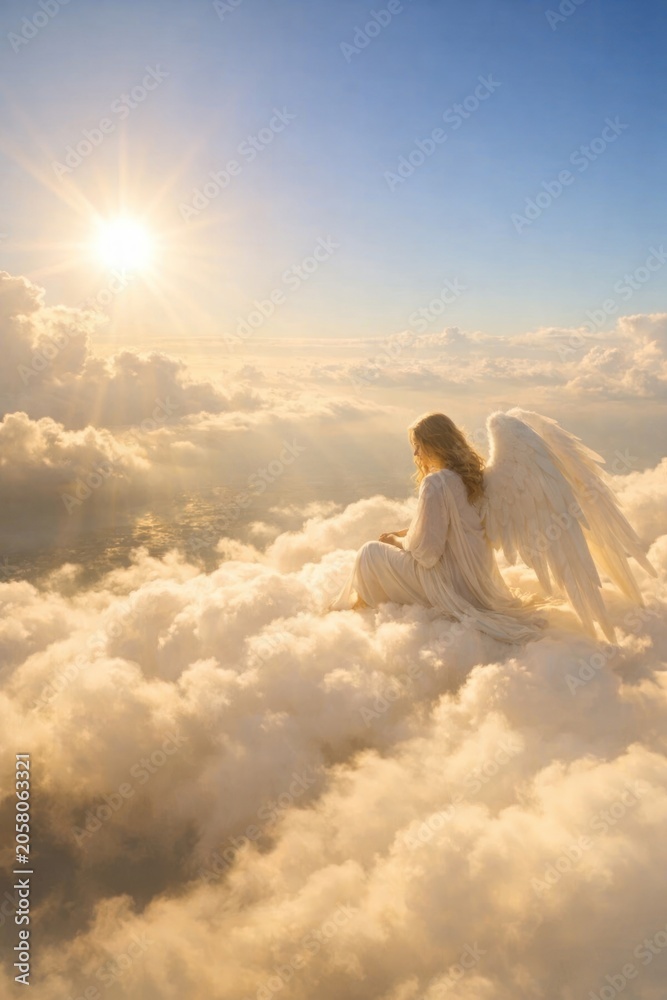Obraz premium Serene angel amidst fluffy clouds.