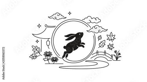 Canvas Print A minimalist black silhouette of a jumping rabbit centered within a circular frame