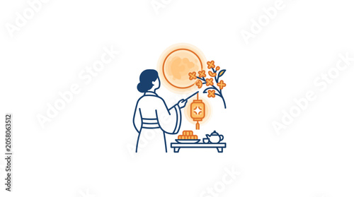 A stylized illustration of a person celebrating the Mid Autumn Festival with a lantern and moon.