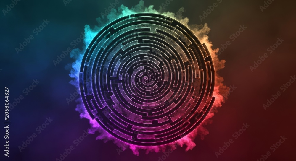 Fototapeta premium A coal-black vapor labyrinth shell featuring deep concentric spirals and intricate branching smoke corridors within a dark misty void, corridors, intricate, geometry