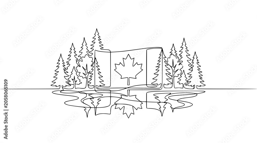 Fototapeta premium Continuous Line Drawing: Canadian Flag Amidst Pine Trees Reflected in Water
