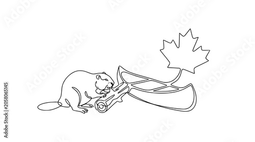 Fotografie Beaver Gnawing Log Next to Canoe and Maple Leaf, Continuous Line Art