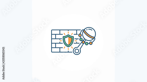 A colorful icon featuring a baby rattle and a protective shield against a brick wall background.
