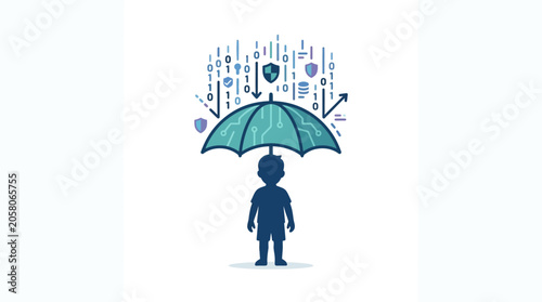 Bild auf Leinwand A silhouette of a child standing under a protective umbrella shielding against digital data threats