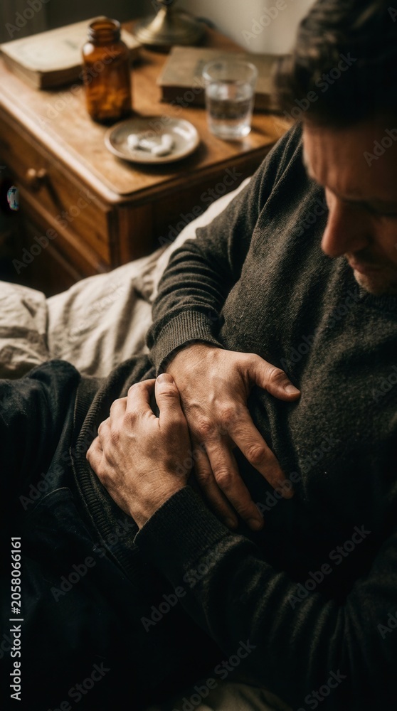 Fototapeta premium Man Clutching Stomach In Pain Experienced Discomfort And Illness