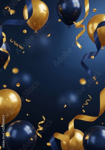 Elegant navy blue and metallic gold party background with shimmering confetti, satin ribbons, and round balloons for a festive occasion, holiday, creative, metallic