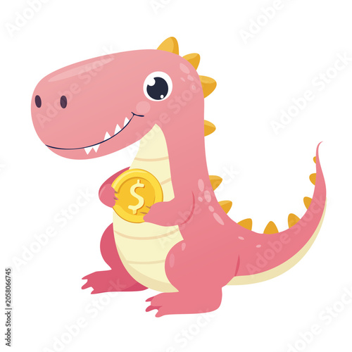 Cute pink piggy bank with coin
