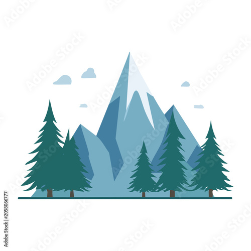 Flat design mountain range with snow and pine trees