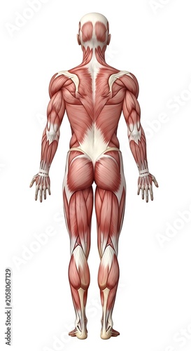 Anatomical diagram of human muscular system front view.