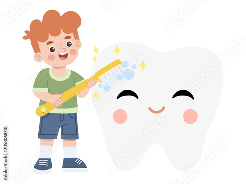 Boy Brushing a Happy Tooth