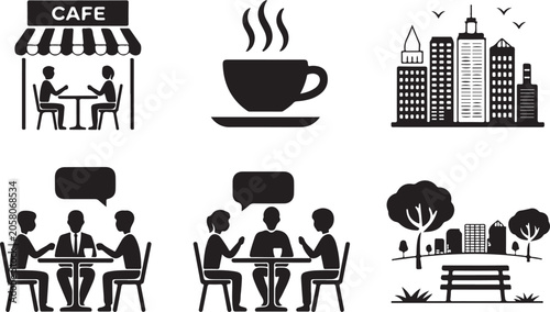 Business meeting with coffee in modern cafe setting