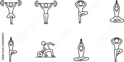 Stick figures exercising with weights and yoga