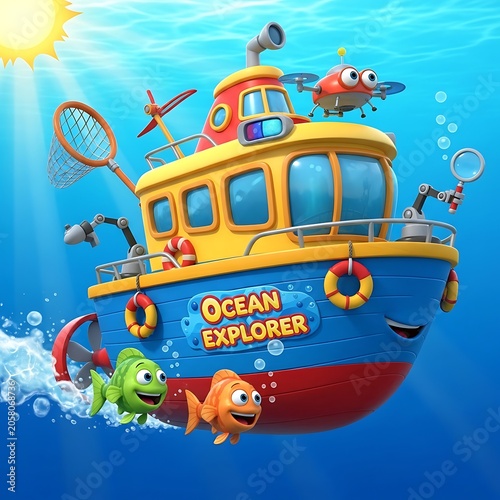 Cartoon yellow submarine with sea creatures and divers.