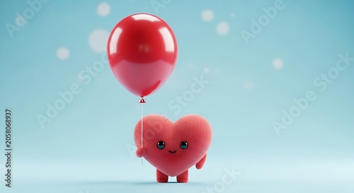 Red heart shaped balloon floating in blue sky.