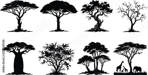 Tableau sur toile African savanna tree silhouette set featuring acacia baobab and safari animals e