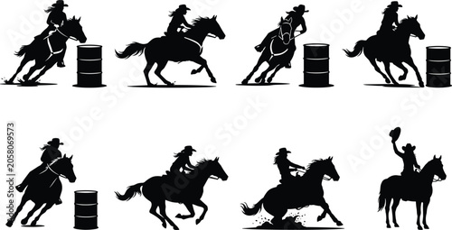 Barrel racing cowgirl silhouettes collection featuring horses galloping and turning in rodeo competition for western designs