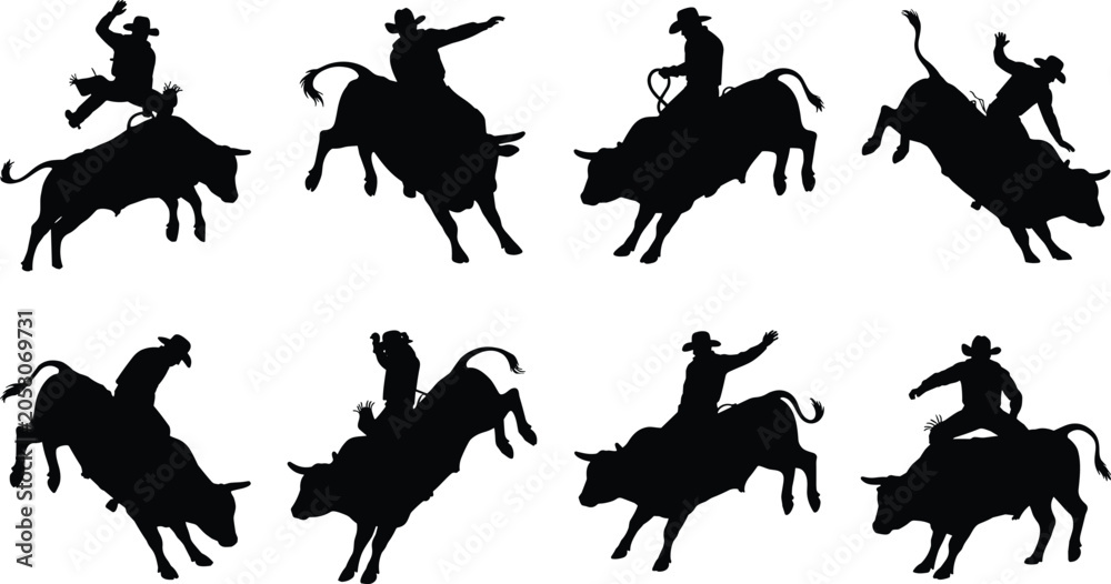 Naklejka premium Bull riding silhouettes collection featuring cowboys on bucking bulls for rodeo competition and western themed sports design