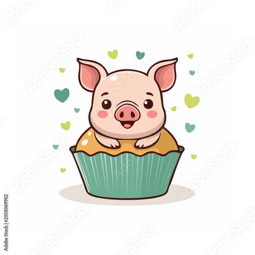 Cute Cartoon Pig in Cupcake Illustration