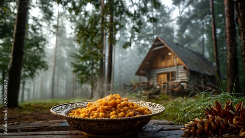 Autumn forest pathway leading to rustic cabin retreat.