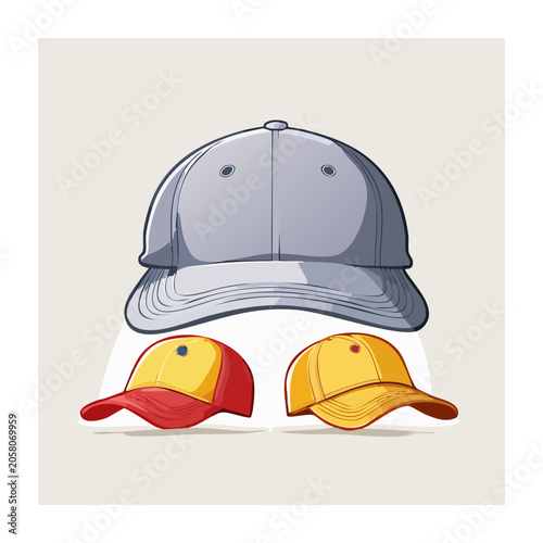 Flat design illustration of baseball caps in multiple colors