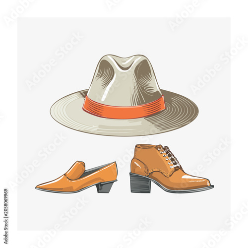 Flat design illustration of fedora hat and shoes