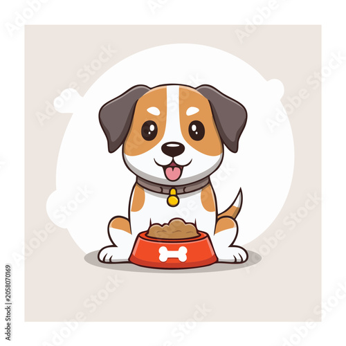 Cute cartoon dog with food bowl