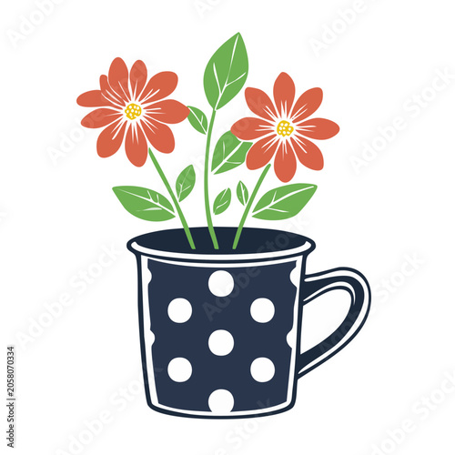 Red flowers growing in a polka dot cup illustration