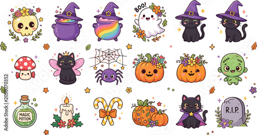 Foto Cute Kawaii Halloween Vector Element Set for Festive Party Invitations, Kids Tri