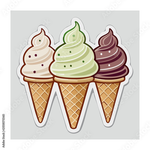 Three soft serve ice cream cones in flat design