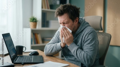 Man Sneezing While Working From Home With Laptop And Tissue
