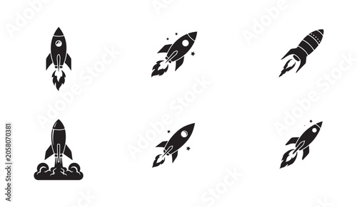 Tableau sur toile Cartoon rocket ship fire trails and blast off smoke clouds for creative startup branding