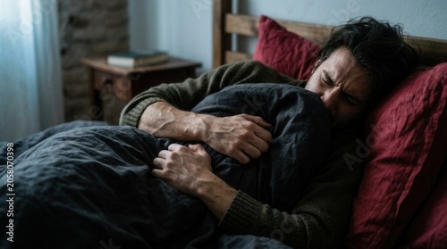 Man Struggling In Bed With A Pillow Over Face Feeling Unwell
