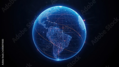 Digital earth globe with glowing network lines and data points representing global connectivity and technology